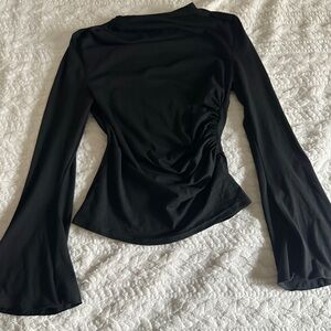 Women's Black Ruched Mock Neck Long Ruffle Sleeve Slim Fitted Tops